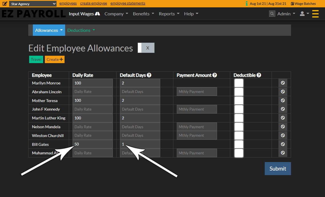 Enter the daily amount for each employee
